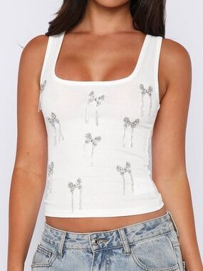 Nwt XS White Embellished Tank Top Square shirt sequin cute beaded bow Sweet ange